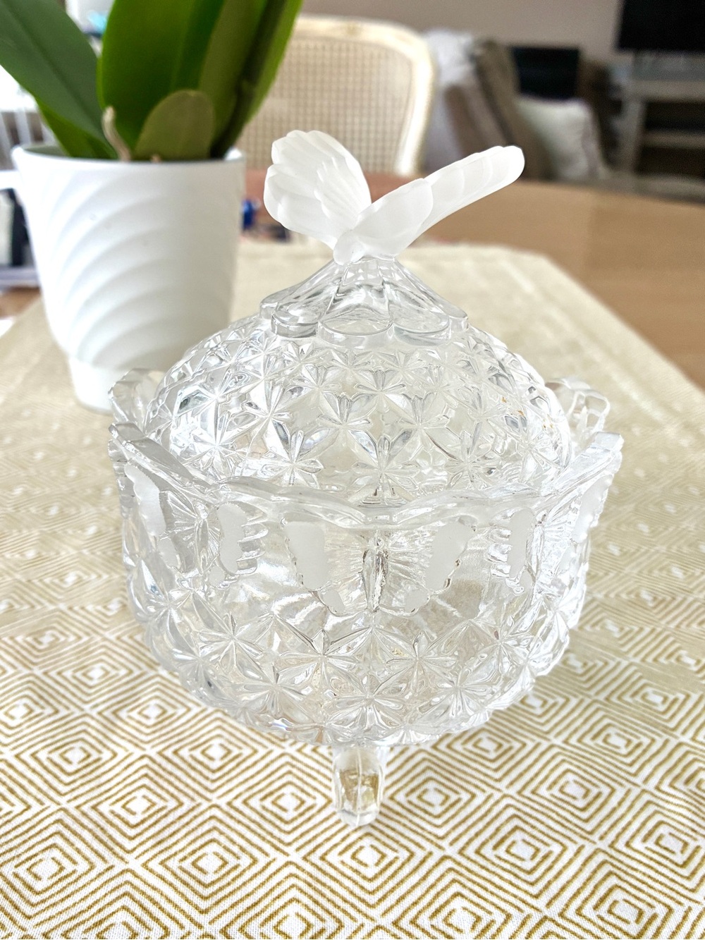 Hofbauer Lead Crystal Butterfly Lidded 1985 Footed Dish